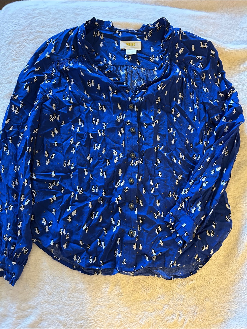 Maeve Royal Blue Button-Down Shirt with White Penguin Print